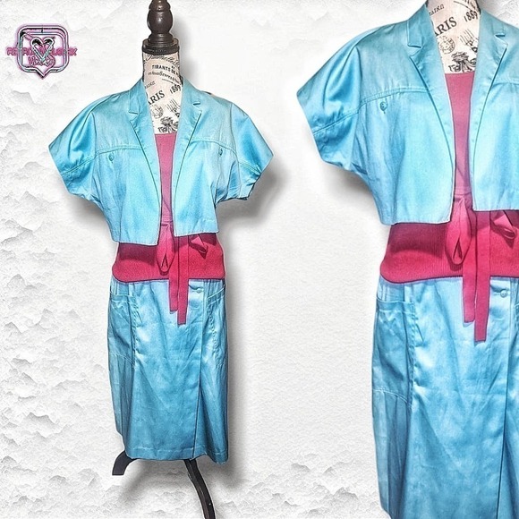 VINTAGE Barbie Core Retro Pastel Blue 2 Piece Skirt Jacket Set - Picture 1 of 10